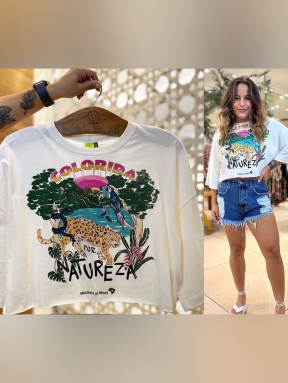 FARM Rio White Crop Tee with Multicolor Jungle Print (green, pink, blue, yellow)